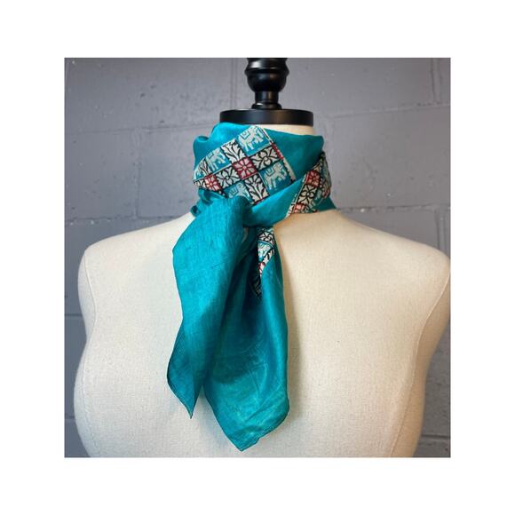 Vintage Mid Century Elephant Silk Scarf Indian Block Print Tile Print Turquoise - Picture 7 of 10